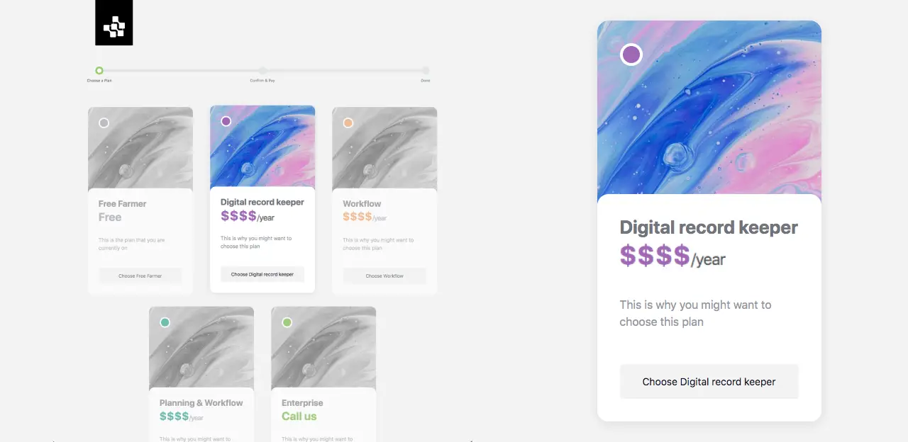 A summary view of the refined shopping experience and a detail view of a subscription card with prices obfuscated