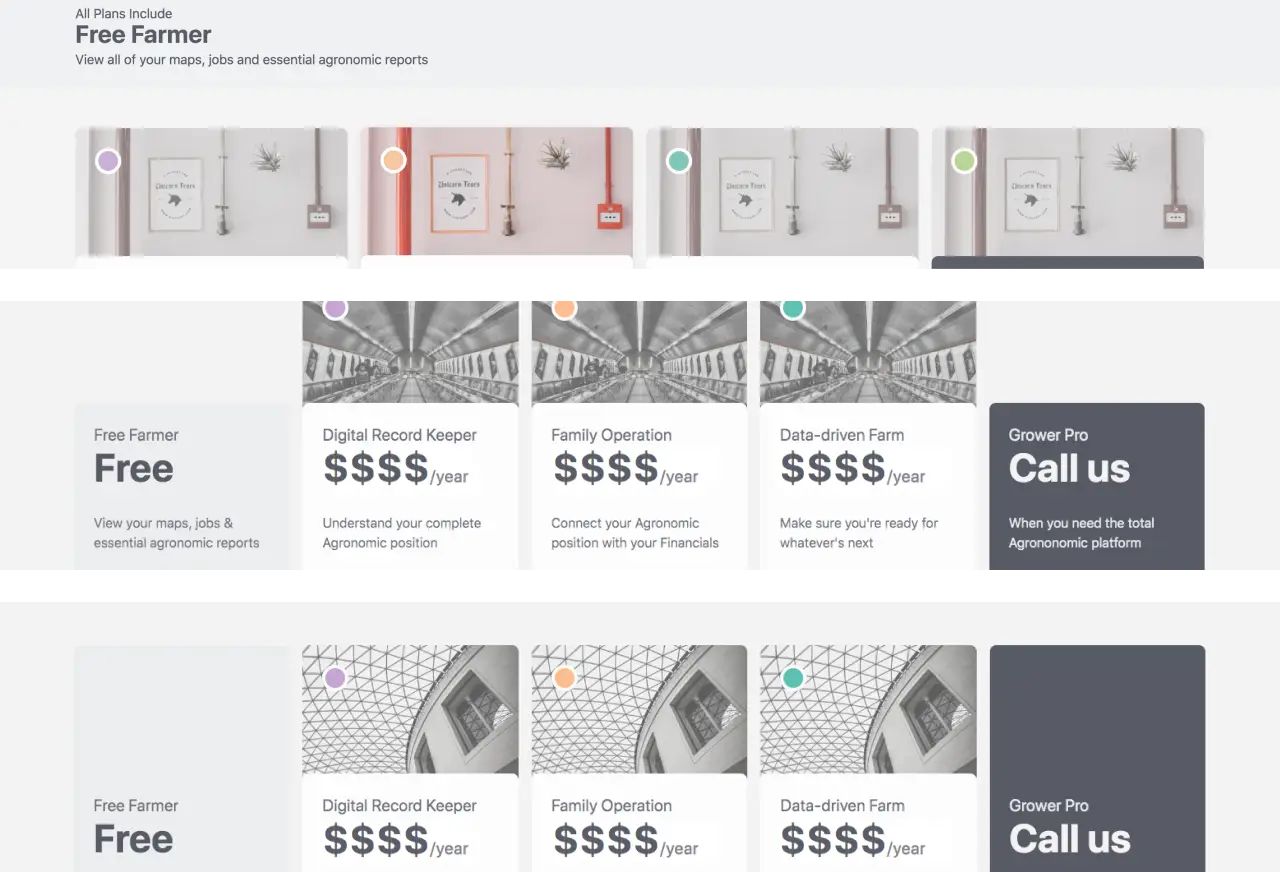 Sliced images of different layout options for subscription cards with prices obfuscated