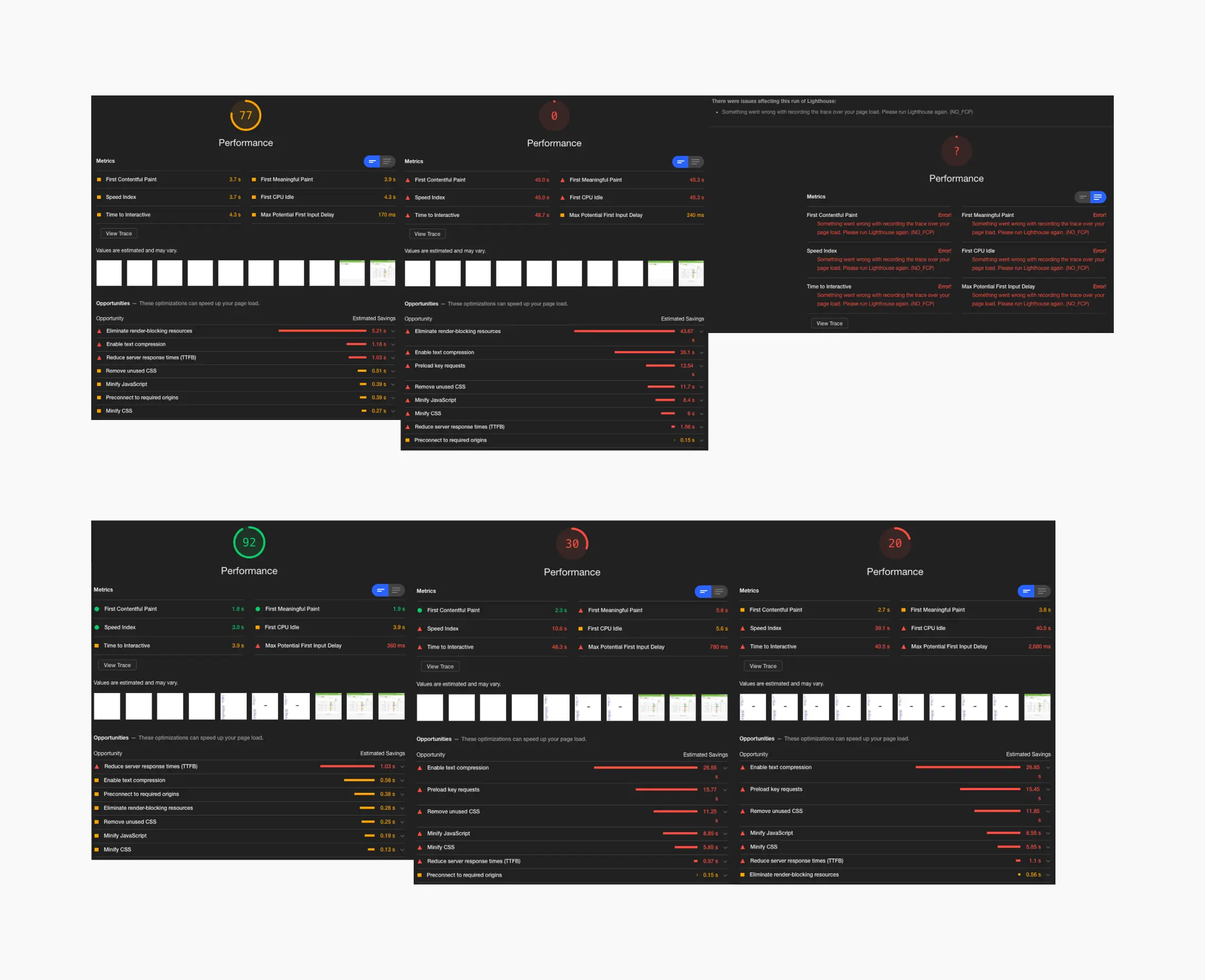 Screenshots of Lighthouse outputs for different pages